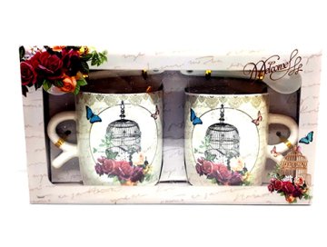 Retro Desenli Seramik Kaşıklı Kupa Bardak Seti