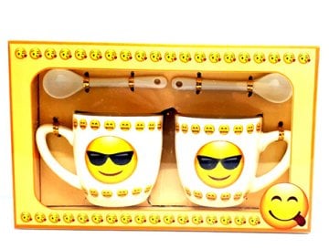 Emoji Desenli 2'li Seramik Kaşıklı Kupa Bardak Seti