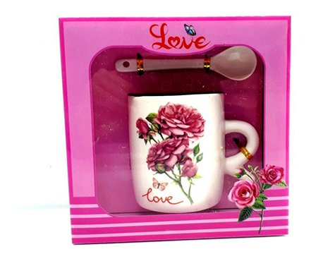 Sevgiliye Hediye Love Gül Desenli Kaşıklı Kupa Bardak