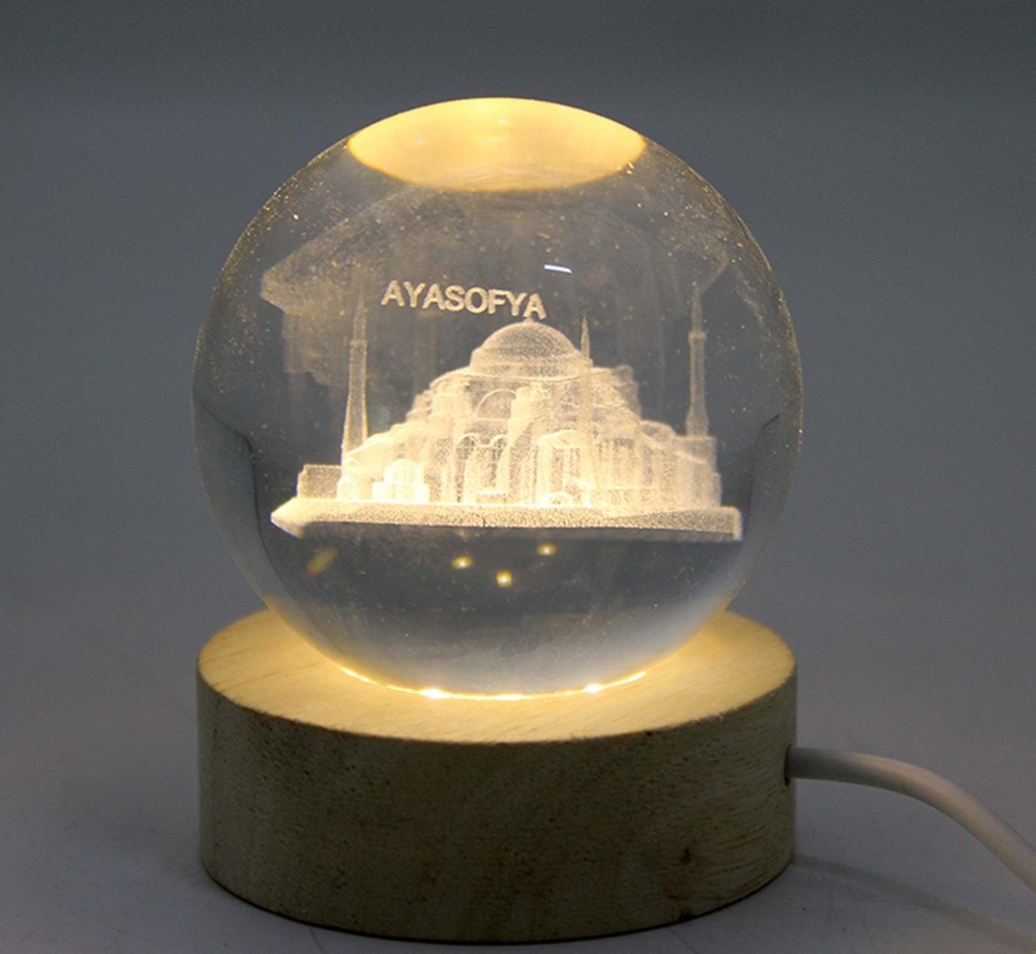 Usb'li Ayasofya 3D Temalı Ahşap Altlıklı Kristal Cam Küre
