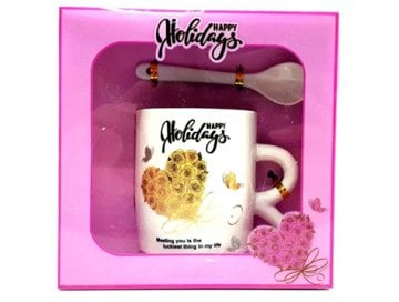 Happy Holidays Kalp Baskılı Seramik Kaşıklı Kupa Bardak