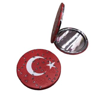 Türk Bayraklı Tasarımlı Taşlı Cep Makyaj Aynası
