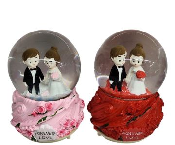Çiçekli Gelin Damat Temalı Müzikli Işıklı Cam Kar Küresi