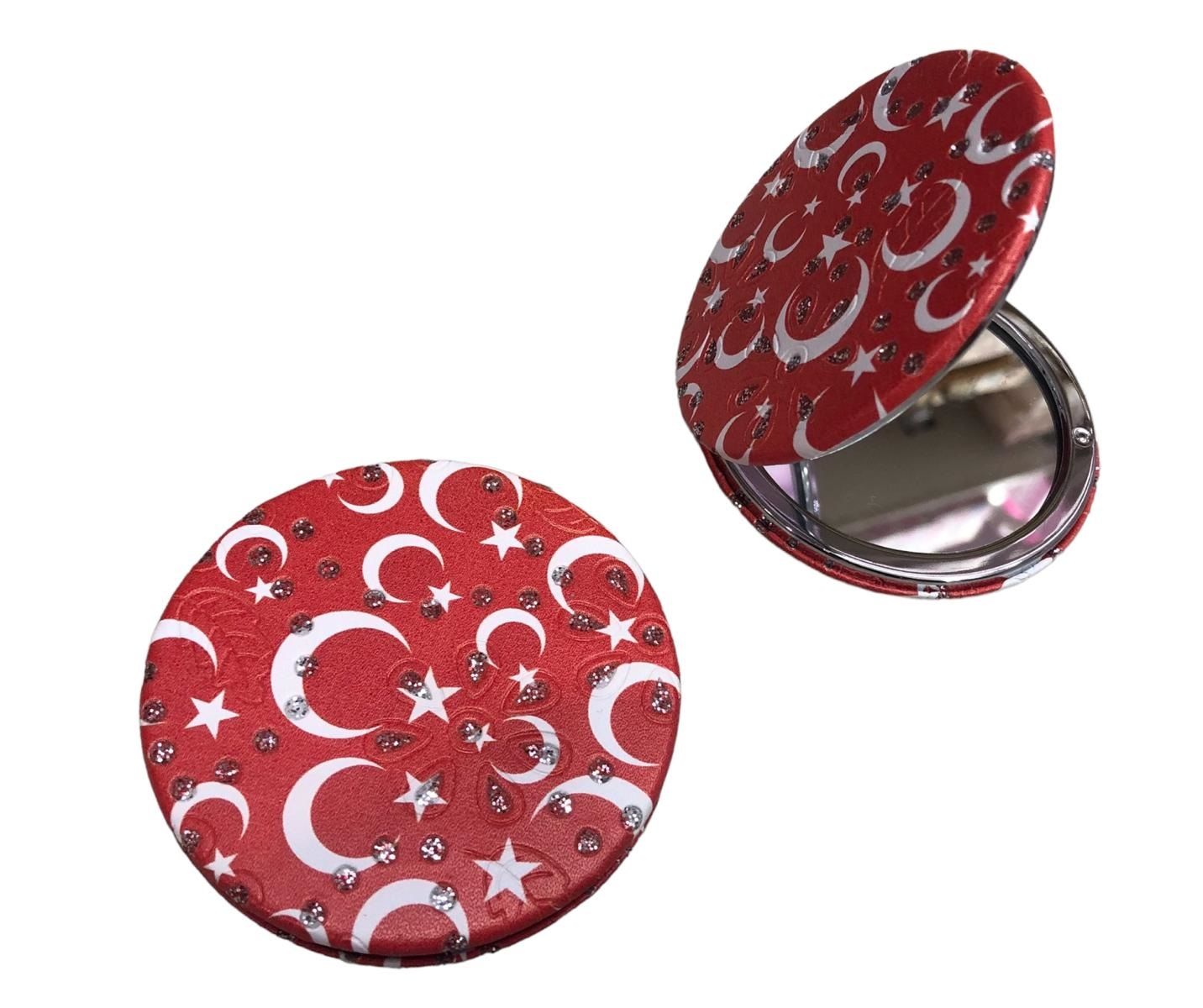Türk Bayraklı Taşlı Tasarımlı Cep Makyaj Aynası
