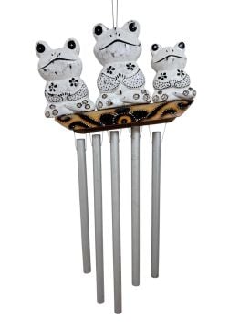 Dekoratif  Beyaz Kurbağa Ailesi Metal Rüzgar Çanı (25 cm x 40)