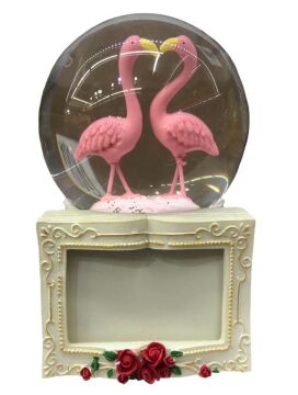 Işıklı Püskürtme Romantik Flamingolar Fotoğraflı Müzikli Cam Kar Küresi
