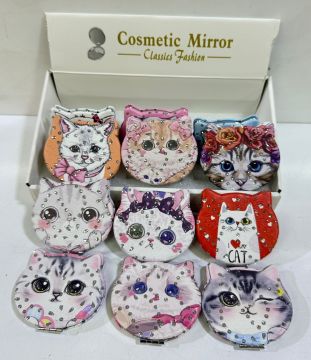 Taşlı Kedi Tasarımlı Cep Makyaj Aynası (12 Adet)