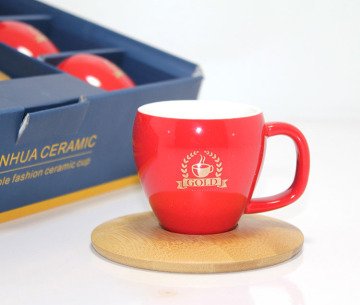 Kahve Fincan Seti Bambu Altlıklı Kırmızı  (6 Adet)