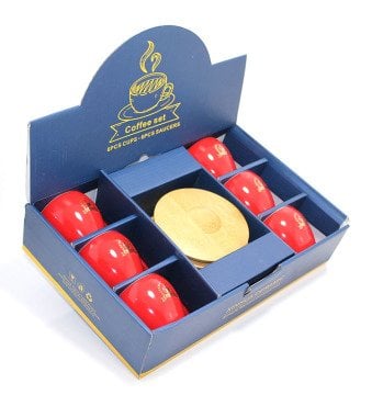 Kahve Fincan Seti Bambu Altlıklı Kırmızı  (6 Adet)