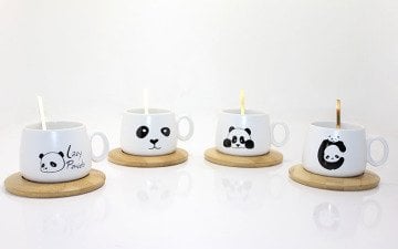 Panda Temalı Bambu Altlıklı Kaşıklı Kupa Bardak
