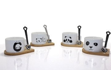 Panda Model Mıknatıslı Bambu Altlıklı Kaşıklı Kahve Fincanı