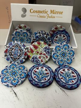 Taşlı Yuvarlak Lale Çini Tasarımlı Cep Makyaj Aynası (12 Adet)