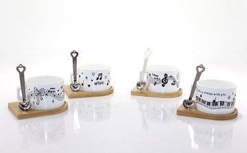 Müzik Desenli Mıknatıslı Bambu Altlıklı Kaşıklı Kahve Fincanı