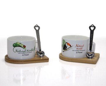 Natural World Temalı Mıknatıslı Bambu Altlıklı Kaşıklı Kahve Fincanı