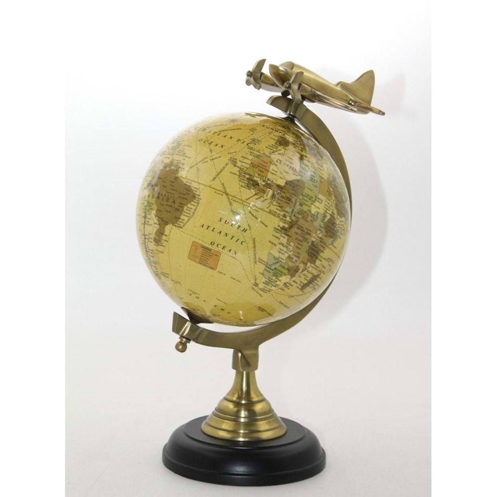 Dekoratif Pirinç Uçak Tasarımlı Dünya Küre (30 cm x 17 cm)