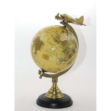 Dekoratif Pirinç Uçak Tasarımlı Dünya Küre (30 cm x 17 cm)