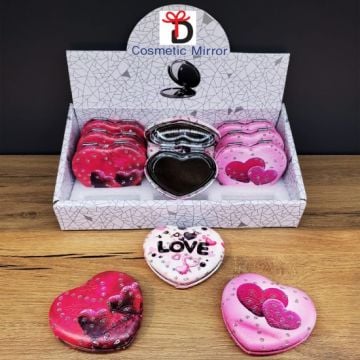 Love Temalı Kalpli Taşlı Cep Makyaj Aynası(12 Adet)