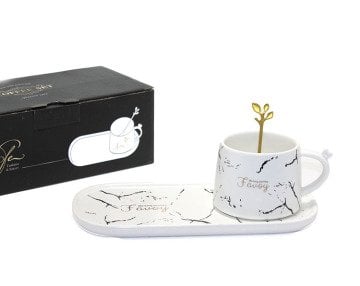 Favoy Mermer Tasarım Sunum Tabaklı Kaşıklı Kupa Bardak