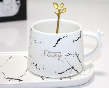 Favoy Mermer Tasarım Sunum Tabaklı Kaşıklı Kupa Bardak