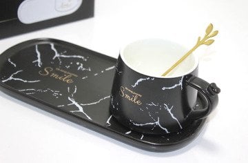 Smile Mermer Tasarım Sunum Tabaklı Kaşıklı Kupa Bardak