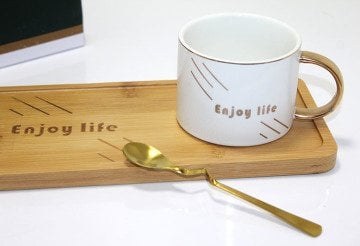 Enjoy Life Beyaz Tasarım Ahşap Sunum Tabaklı Kaşıklı Kupa Bardak