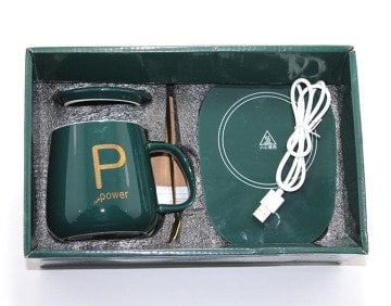 Usb Isıtmalı Power Yeşil Altlıklı Kaşıklı Kapaklı Kupa Bardak