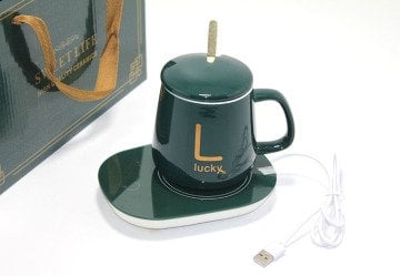 Usb Isıtmalı Lucky Yeşil Altlıklı Kaşıklı Kapaklı Kupa Bardak