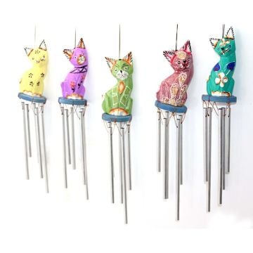Ahşap Kedi Tasarımlı Metal Rüzgar Çanı (34 cm x 6 cm)