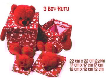 3'Lü Sevgililer Gününe Özel Kırmızı Ayıcık Tasarım Love Hediye Kutusu