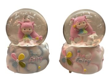 Pembe Saçlı Kız ve Tavşan Temalı Işıklı Müzikli Cam Kar Küresi