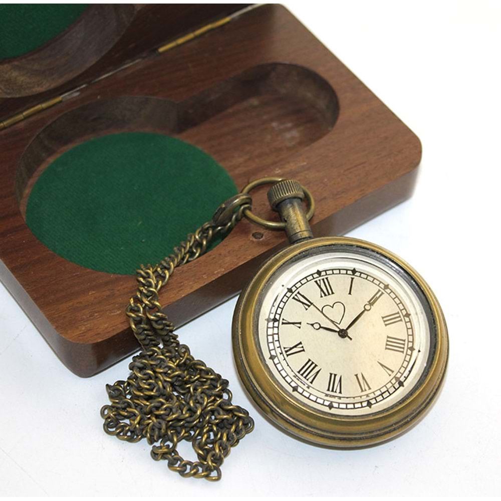Pirinç Ahşap Kutulu Hediye Gold Kalp Köstekli Saat (11 cm x 7 cm)