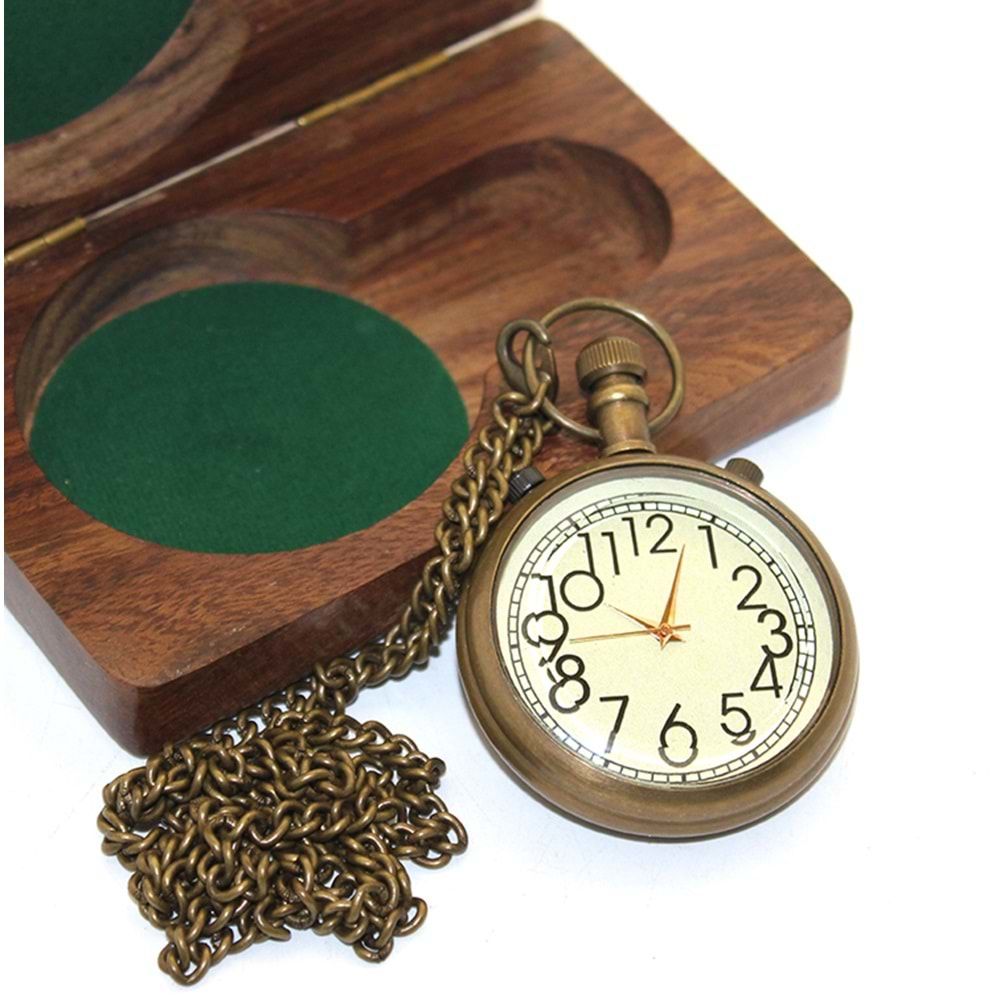 Pirinç Ahşap Kutulu Hediye Gold Klasik Köstekli Saat (11 cm x 7 cm)