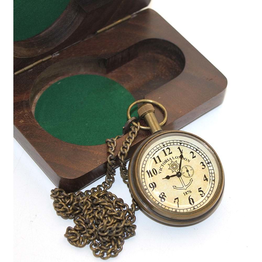 Pirinç Ahşap Kutulu Hediye Gold Çapa London Köstekli Saat (11 cm x 7 cm)