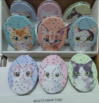Taşlı Kedi Oval Cep Makyaj Aynası (12 Adet)