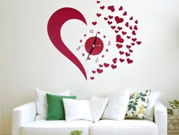 Dekoratif Tasarımlı Sticker Duvar Saati (Kalp & Uğur Böceği)