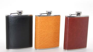 8 Oz Paslanmaz Çelik  Deri Kaplama İçki Matarası
