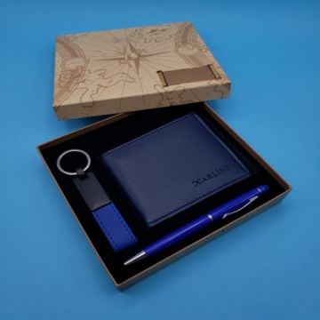 Mavi Anahtarlık Cüzdan Ve Siyah Touchpen Kalem Seti