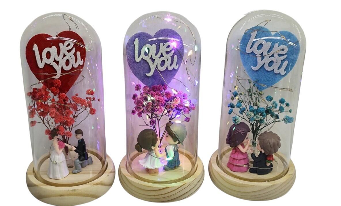Dekoratif Ahşap Altlıklı Fanus İçinde Işıklı Love You Sevgili Biblosu