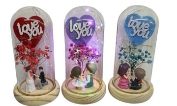 Dekoratif Ahşap Altlıklı Fanus İçinde Işıklı Love You Sevgili Biblosu