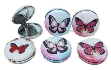 Kelebek Tasarımlı Yuvarlak Mini Makyaj Aynası (12 Adet)