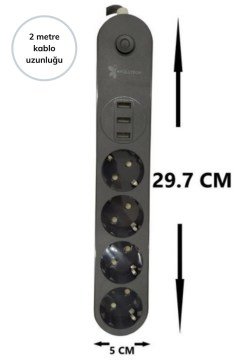 4'lü Siyah Anahtarlı 3 USB Li Topraklı Çocuk Korumalı Priz 2 Metre