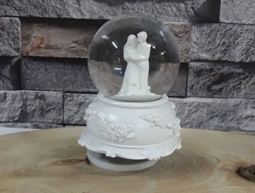 Beyaz Gelin Damat Temalı Cam Kar Küresi  Müzik Kutusu