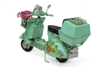 Dekoratif Eskitme Çiçekli Sepetli Metal Yeşil Scooter