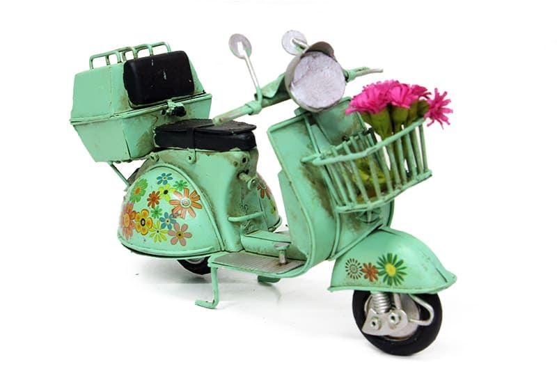 Dekoratif Eskitme Çiçekli Sepetli Metal Yeşil Scooter