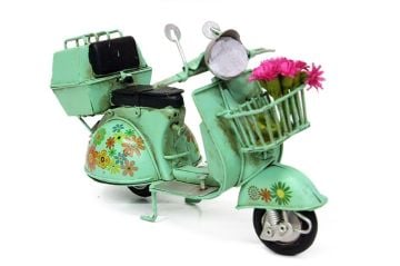 Dekoratif Eskitme Çiçekli Sepetli Metal Yeşil Scooter
