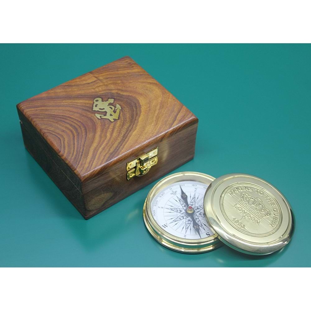 Dekoratif Ahşap Kutulu Pirinç Pusula (12 cm x 10 cm)