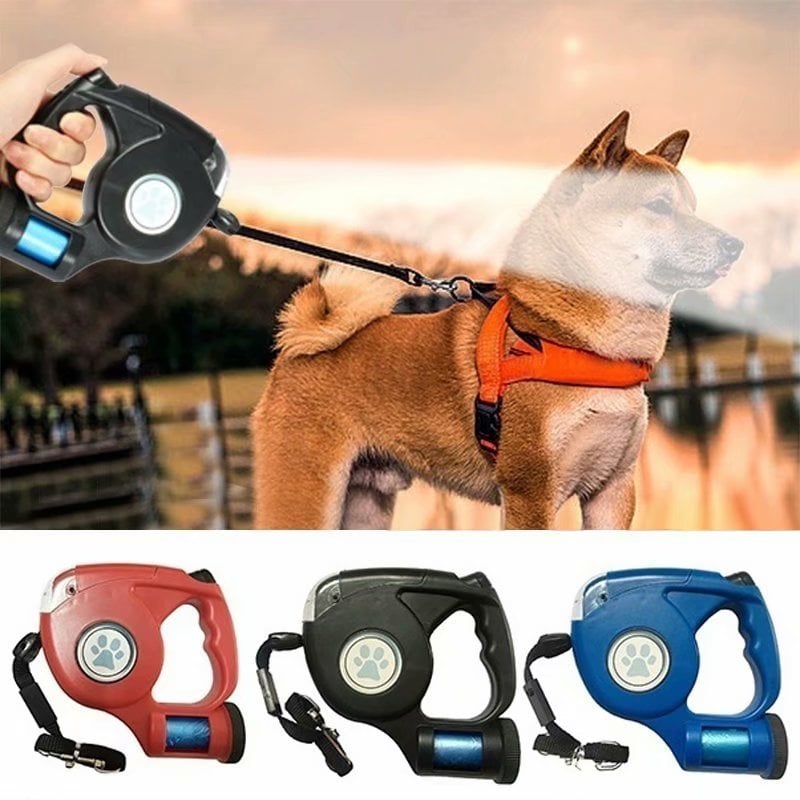 Otomatik Geri Çekilebilir Led El Fenerli  Atık Torbalı Köpek Tasması