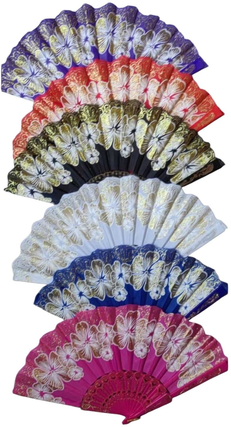 Plastik Renkli Çiçek Motifli Yelpaze (12 Adet)