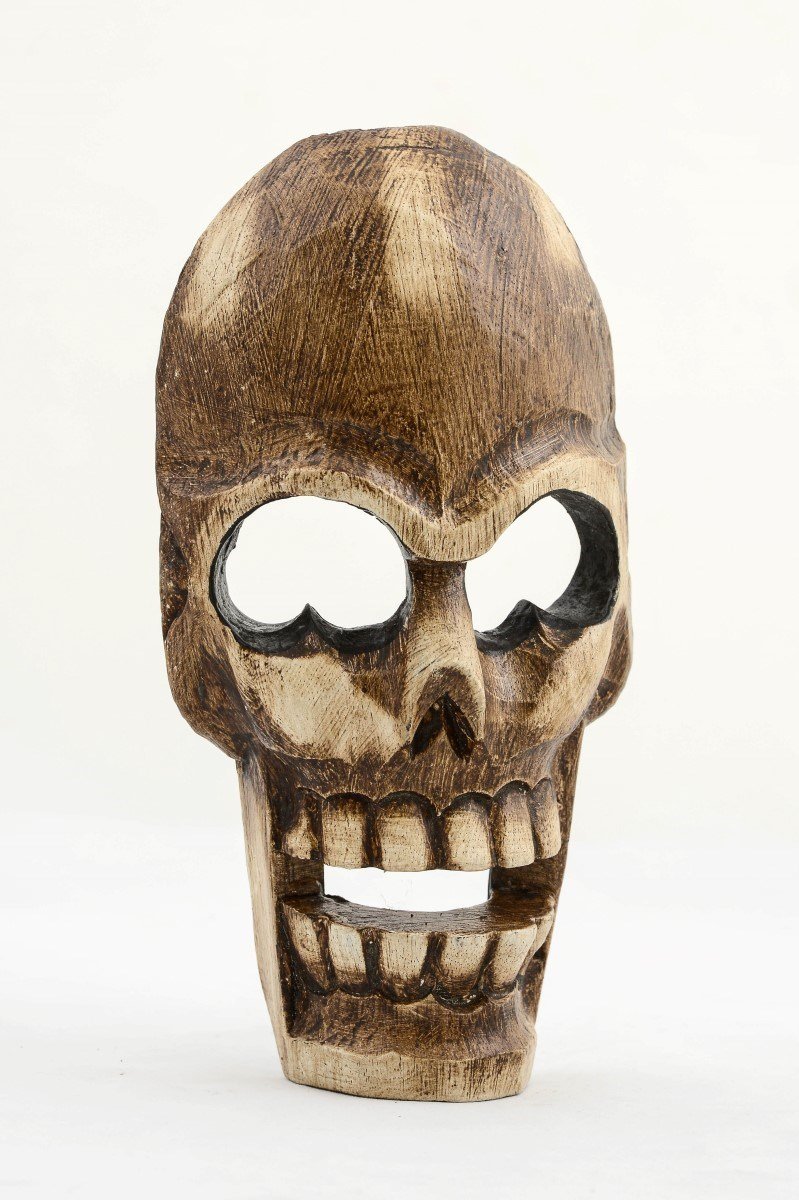 Dekoratif Ahşap Kuru Kafa İskelet Mask Kapı Duvar Süsü (25 cm)
