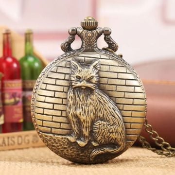 Antika Kedi Kabartmalı Köstekli Cep Saati